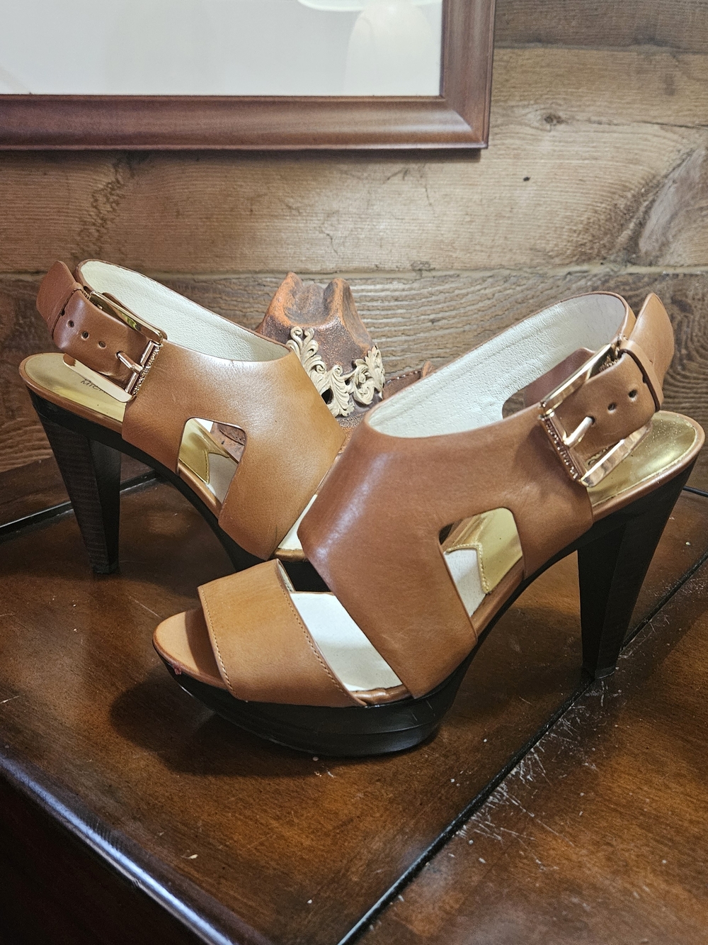 Michael Kors Cognac Leather Platform Slingback Heel with Gold Buckle